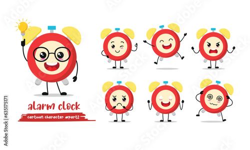 cute alarm clock cartoon with many expressions. clock different activity pose vector illustration flat design set.