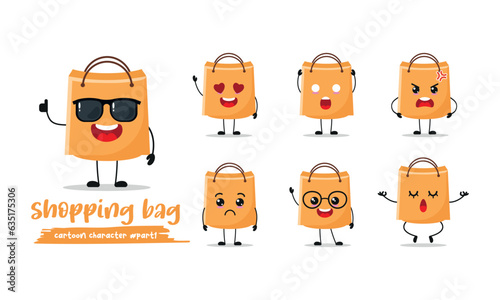 cute shopping bag cartoon with many expressions. paper bag different activity pose vector illustration flat design set with sunglasses.