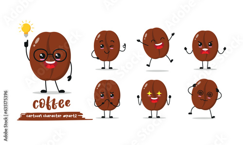 cute coffee bean cartoon with many expressions. fungi different activity pose vector illustration flat design set.