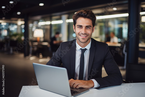 Portrait of successful boss, businessman in business suit looking at camera and smiling, man with crossed arms working inside modern office building © Fatemah