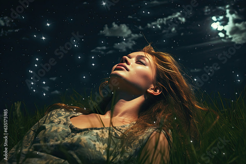 A girl lying on a grass, looking up at a sky filled with stars