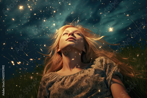 A girl lying on a grass, looking up at a sky filled with stars