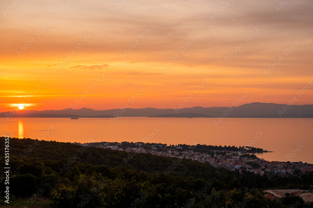 Panorama on city landscape and sea during sunset in Croatia