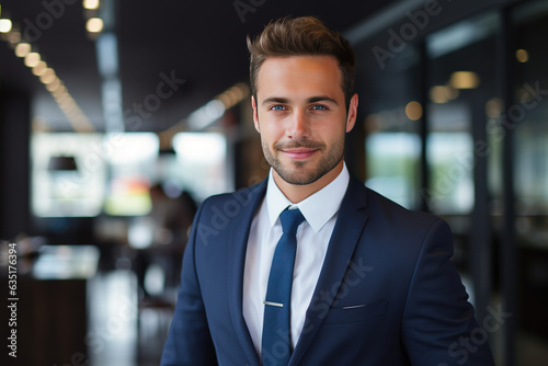 Portrait of successful boss, businessman in business suit looking at camera and smiling, man with crossed arms working inside modern office building