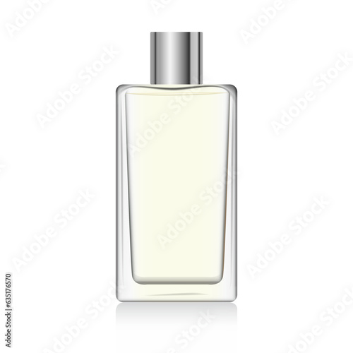 Clear glass perfume bottle mockup with silver spray and cap. 3d vector rectangular shape bottle for fragrance. Packaging for beauty product. Flacon for cosmetic. Realistic bottle mockup template
