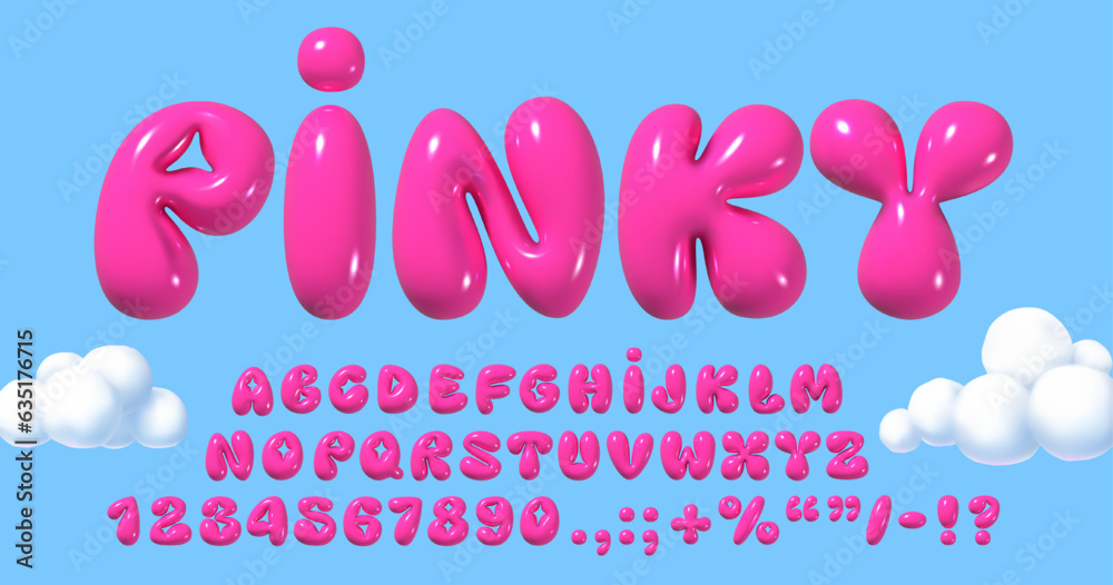 Glossy 3D pink bubble font in Y2K style. Playful design inspired by 2000s or 90s, inflated balloon letters. Trendy English type. Realistic vector illustration