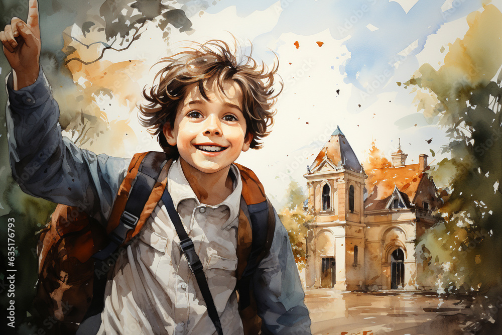 Portrait of smiling schoolboy with backpack. Education concept. Watercolor painting Portrait of smiling schoolboy with backpack. Education concept. Watercolor painting