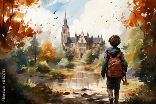A boy with a backpack walks through the autumn park. Watercolor drawing.
