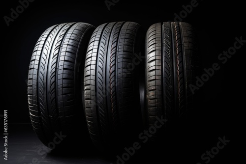 set of winter car tires on black background with copy space. studio illumination