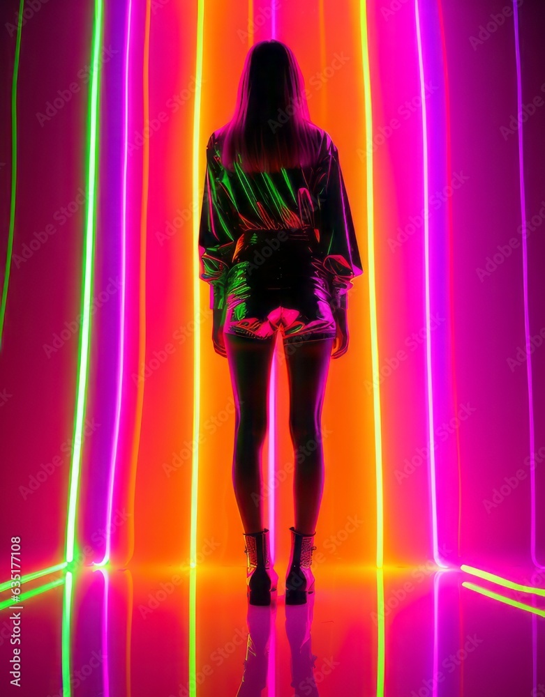 Background of neon fluorescent lights and standing girl. Digital data flow path. Cyber communication. Information transfer speed. Background of neon fluorescent lights and standing girl. Digital data flow path. Cyber communication. Information transfer speed.