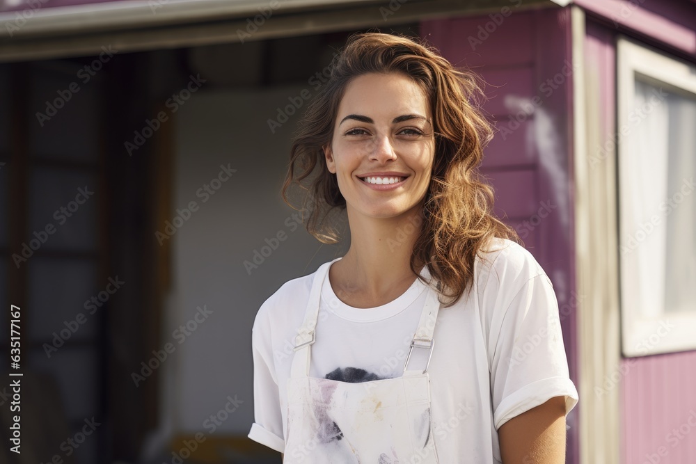 Beautiful woman house painter, on the background of the house Beautiful woman house painter, on the background of the house