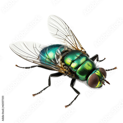 a green bottle fly, 3/4 view facing right, full body in an Agricultural-themed, photorealistic illustration in a PNG, cutout, and isolated. generative AI