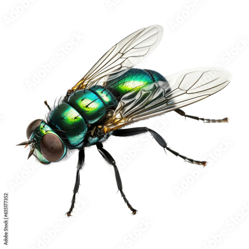 a green bottle fly, 3/4 view facing left, full body in an Agricultural-themed, photorealistic illustration in a PNG, cutout, and isolated. generative AI