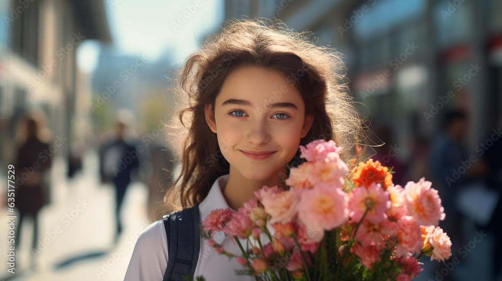 photo schoolgirl holding a bouquet of flowers with backpack back to school blur background