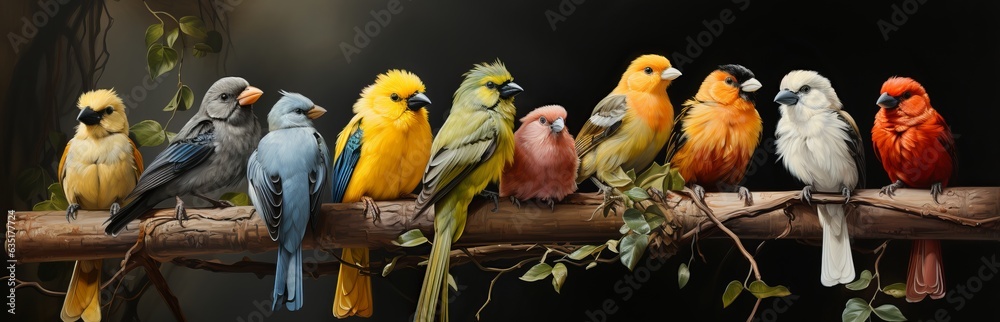 Parrot-like, a detachment of birds from the infraclass of neopalates, birds of various breeds and colors. Animals sit on a tree branch and look at the camera. Concept: screensaver, puzzle or postcard 