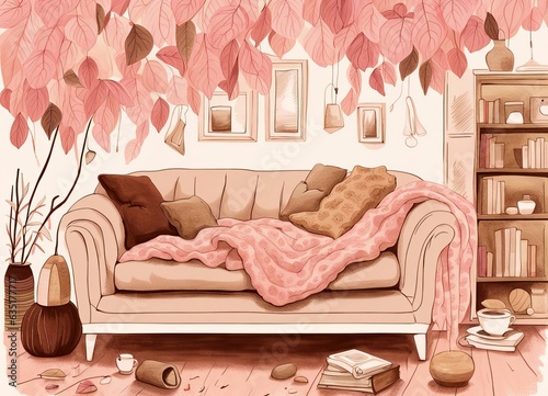 Gemütliche Couch in Rosa und Beige mit Decken und Kissen, Illustration photo