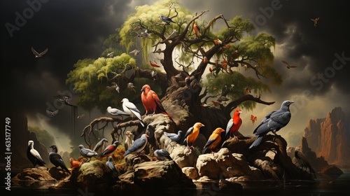 Parrot-like, a detachment of birds from the infraclass of neopalates, birds of various breeds and colors. Animals sit on a tree branch and look at the camera. Concept: screensaver, puzzle or postcard  photo