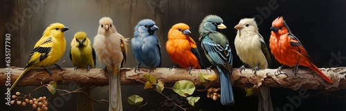 Parrot-like, a detachment of birds from the infraclass of neopalates, birds of various breeds and colors. Animals sit on a tree branch and look at the camera. Concept: screensaver, puzzle or postcard 