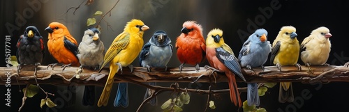Parrot-like, a detachment of birds from the infraclass of neopalates, birds of various breeds and colors. Animals sit on a tree branch and look at the camera. Concept: screensaver, puzzle or postcard 