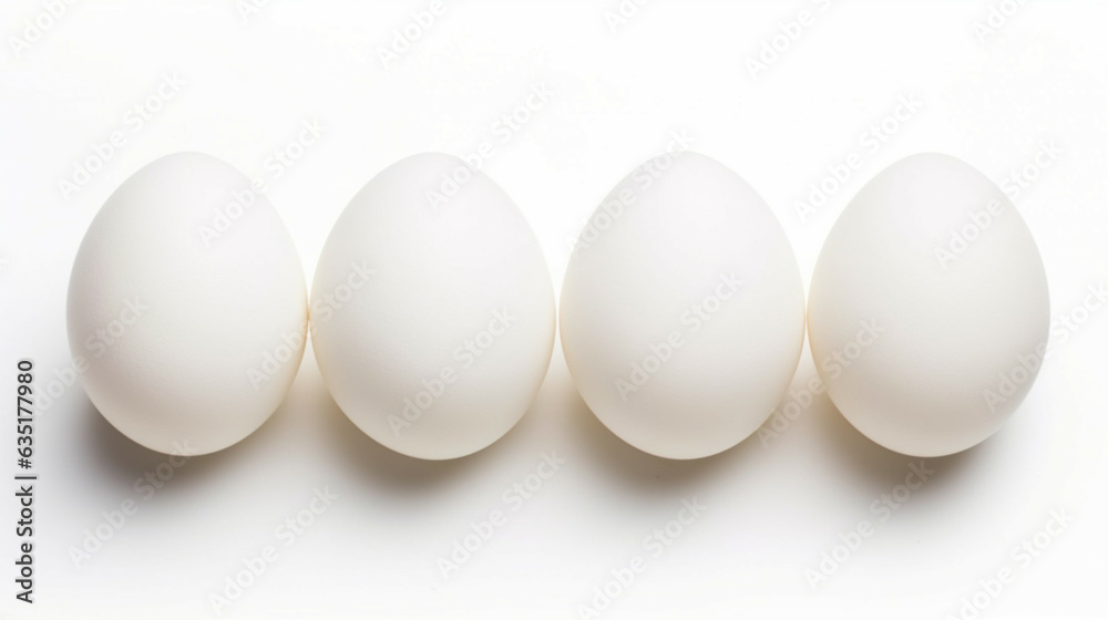 Five white eggs isolated on white background,top view,flat lay.Organic duck eggs isolated on white background.