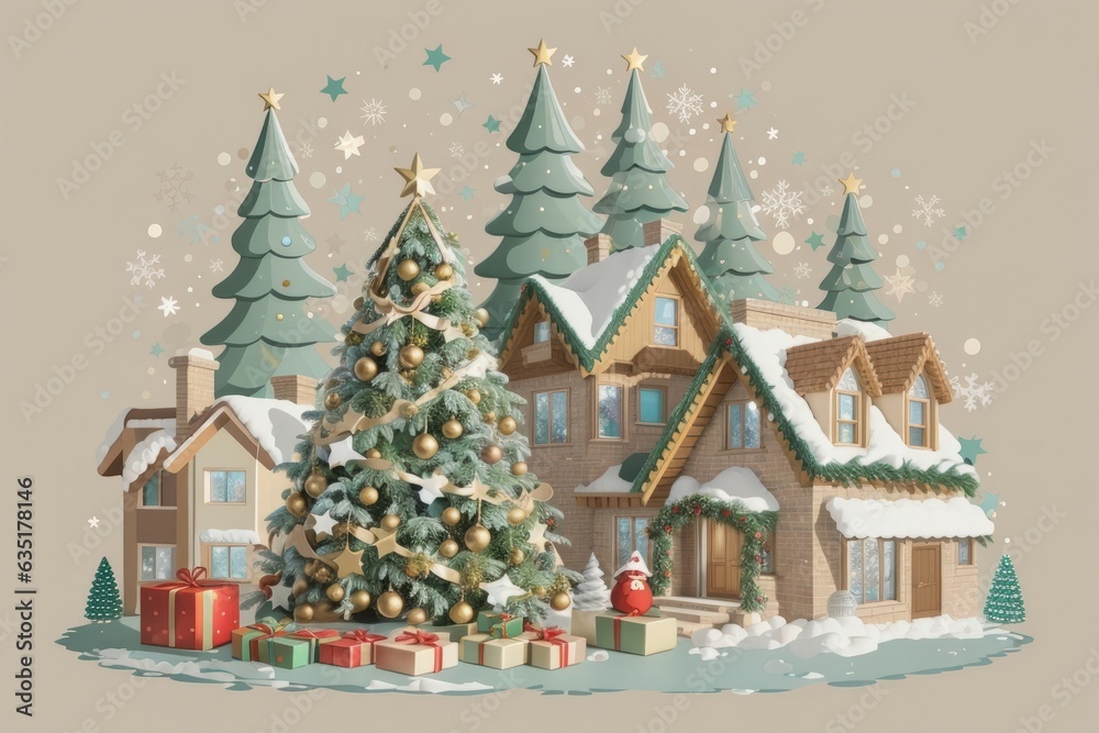 Weihnachtliche Szene mit Christbaum, Geschenk, kleines Dorf, Schnee, zarte Farben Grün, Rot und Beige