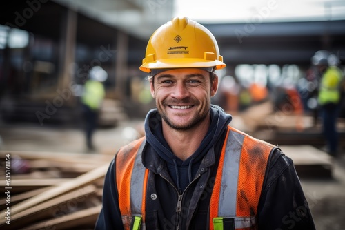 Handsome sports man builder on the background of the construction site © Stitch
