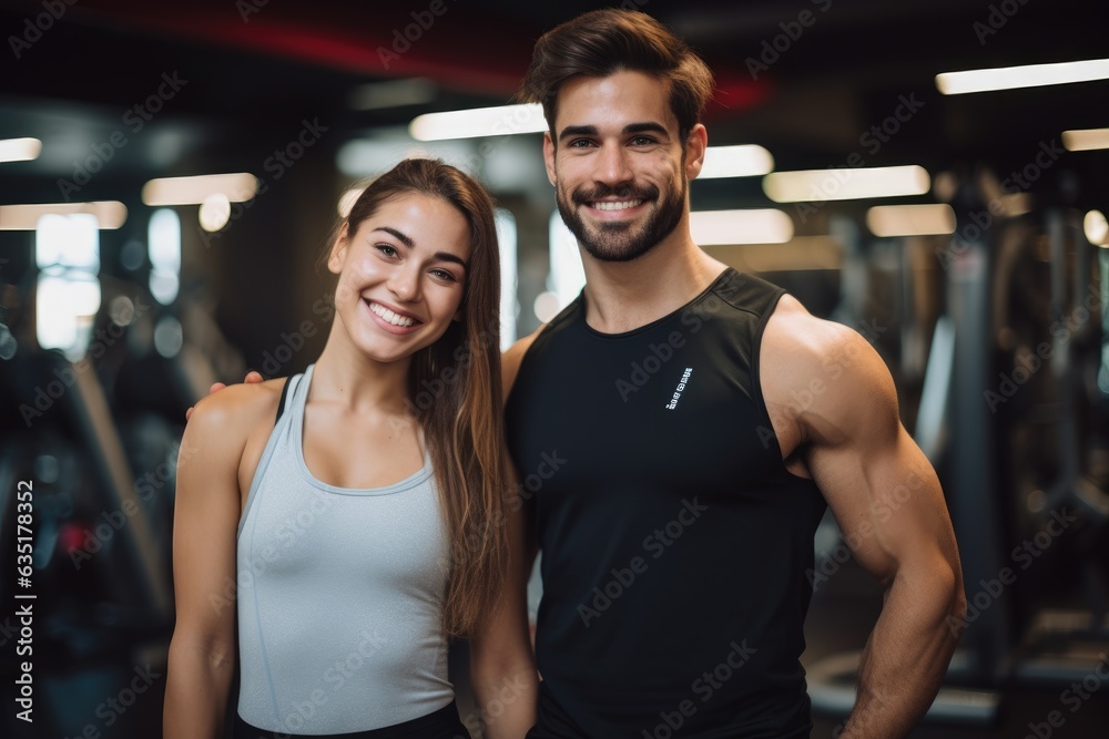 Beautiful sports girl stands next to the athlete in the gym, athletes, gym Beautiful sports girl stands next to the athlete in the gym, athletes, gym
