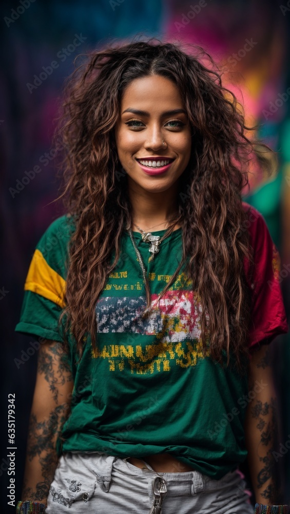 A woman with long hair wearing a green shirt