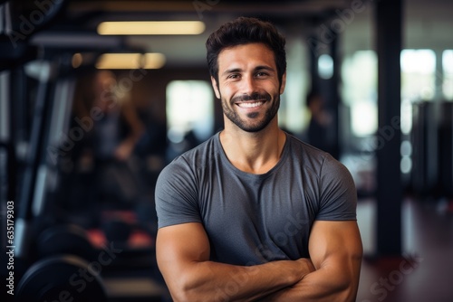 Handsome athletic man smiling at the gym, fitness trainer, sport, gym, body builder