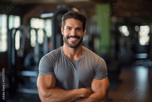 Handsome athletic man smiling at the gym, fitness trainer, sport, gym, body builder