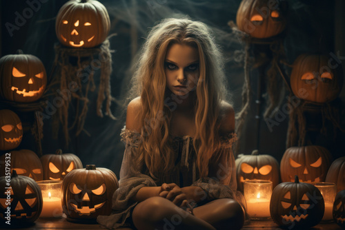 Halloween Spooky Little Witch Among Glowing Jack O'Lantern Pumpkins Generative AI