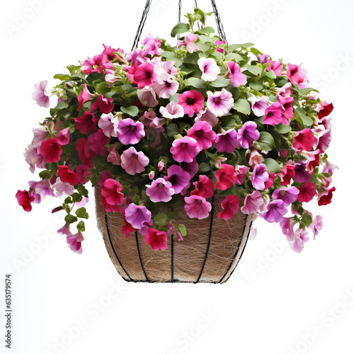 Colorful petunia flowers in a basket isolated on white background