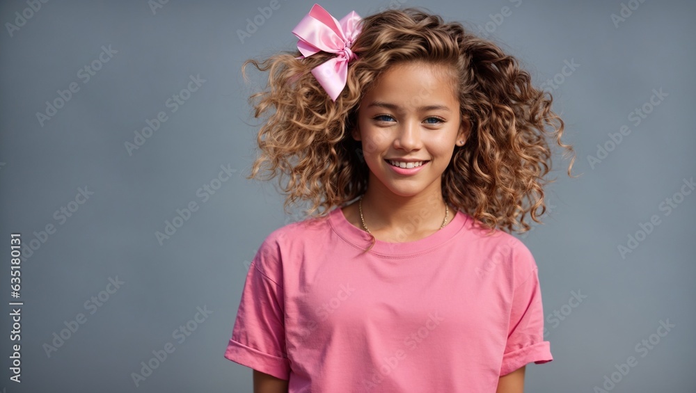 A young girl with curly hair wearing a pink shirt A young girl with curly hair wearing a pink shirt