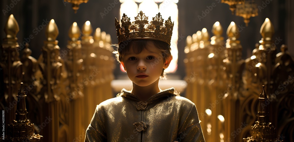 The boy is the king in the palace, the child is the monarch with a crown on his head.