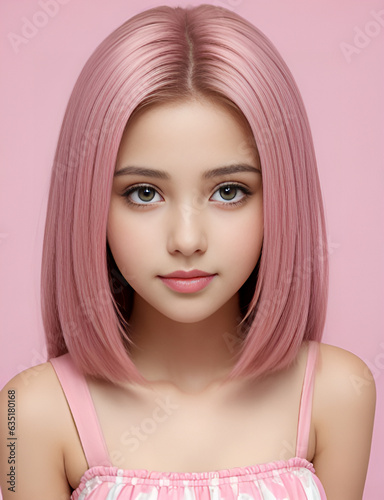 Beautiful girl with long hair pink color background.