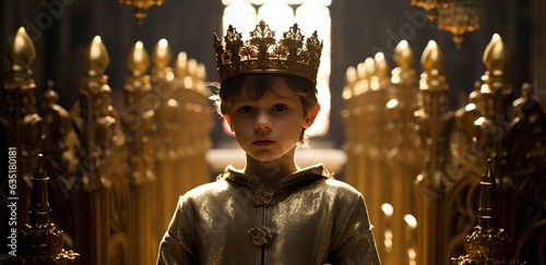 The boy is the king in the palace, the child is the monarch with a crown on his head.