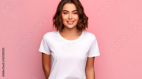 Young woman wearing bella canvas white shirt mockup, at pink background. Design tshirt template, print presentation mock-up. photo