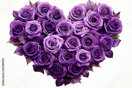 Violet roses in the shape of a heart on a white background