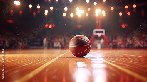 Basketball in the middle of the court with a blurred background, generated by AI