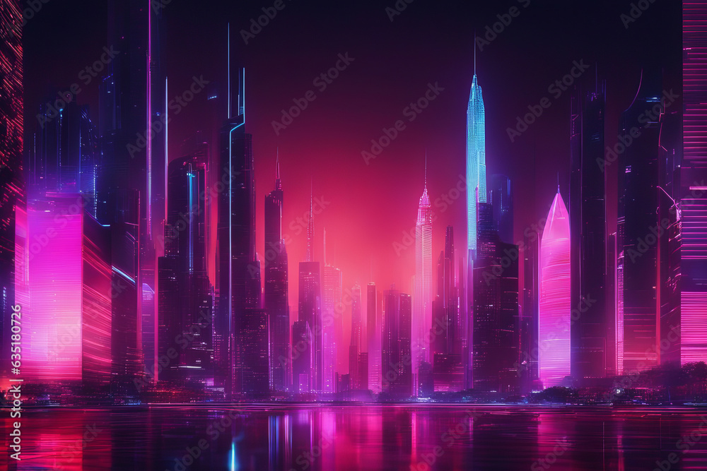Sci-fi futuristic neon city of skyscrapers in red-purple neon lights at night.