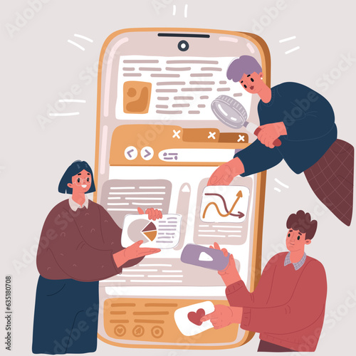 Vector illustration of content managment. People manage online webs apps. Team build site, social media content.