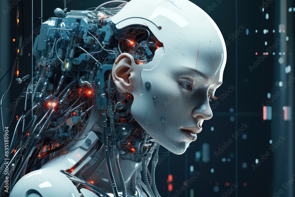 Beautiful robot woman with futuristic background, artificial intelligence visualization Beautiful robot woman with futuristic background, artificial intelligence visualization
