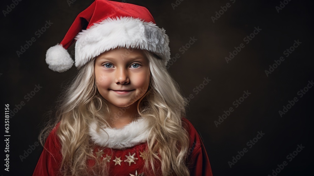A little girl disguised as Santa Claus looking at the camera Generative AI