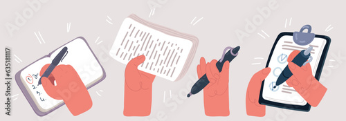 Vector illustration of Hands hold contract pen, signature, clipboard and checkbox, planner and aims inside.