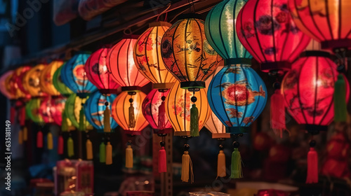 glowing lantern decorations for the Chinese Mid-Autumn Moonfest in Chinatown  Singapore. Generative Ai