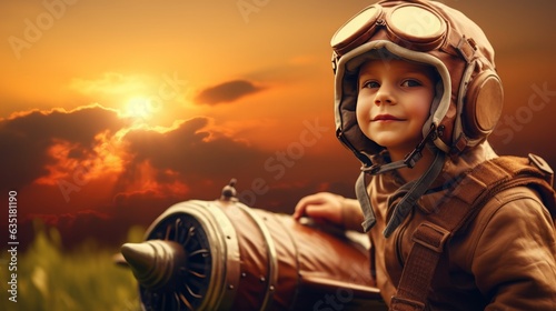 Photo Child pilot aviator with airplane dreams of traveling in summer in nature at sun