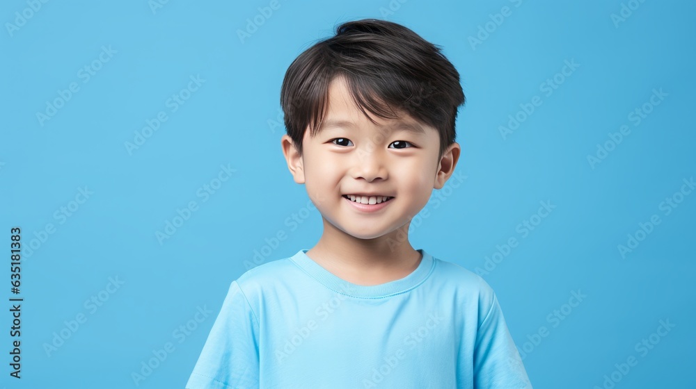 Image of Asian child posing on blue background Generative AI Image of Asian child posing on blue background Generative AI