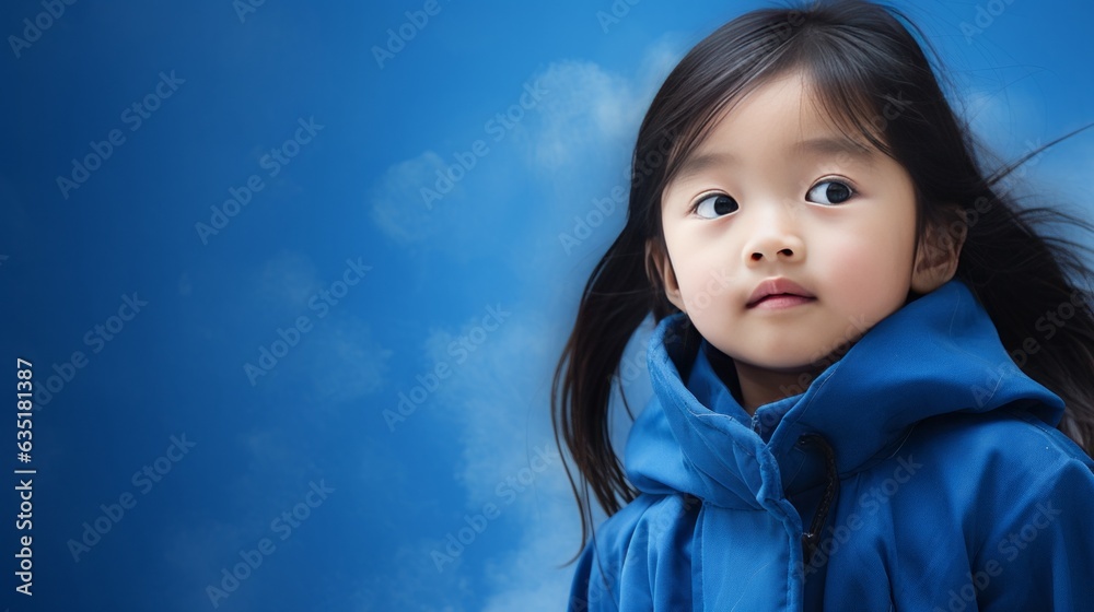 Image of Asian child posing on blue background Generative AI Image of Asian child posing on blue background Generative AI