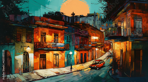 An oil painting of a city street at night, illuminated by colorful lights  Generative Ai © Eduardo