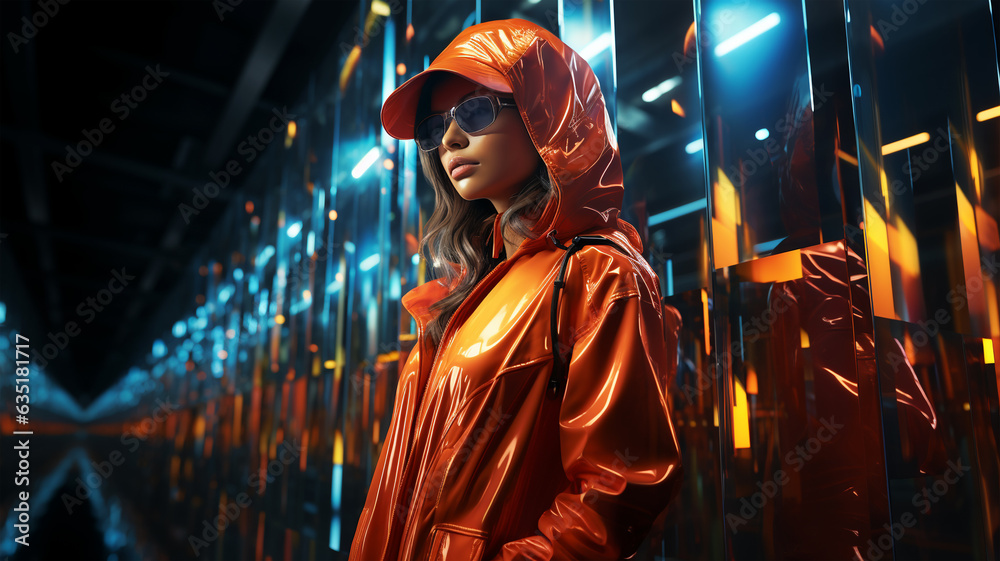 Obraz premium A young girl in a bright neon costume, a concept of the future, futuristic, motherhood
